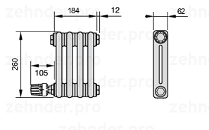 Схема (чертеж) Радиатор Zehnder Charleston 2026/4 №V004 Белый глянцевый RAL 9016